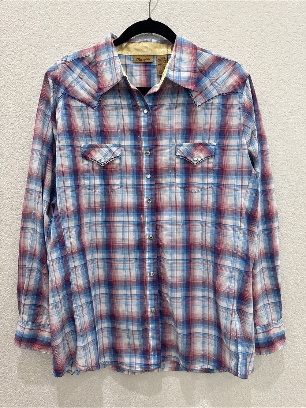Wrangler Womens XLarge Blue Purple Plaid Pearl Snap Button Western Shirt